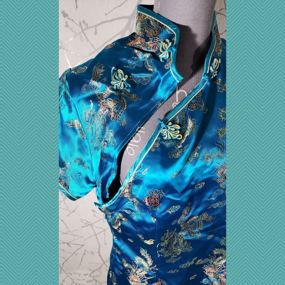 Kaiyu Blue Floral Brocade Traditional Midi Chinese Dress - Picture 3 of 6